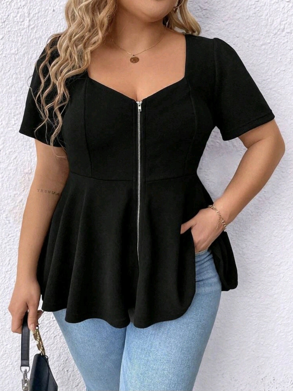Black Zip-Front Peplum Top - Women's ELEGANZA